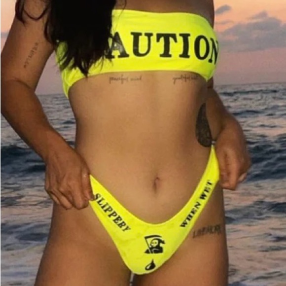 Caution "Slippery When Wet" Yellow Bandeau High Cut Bikini Set - Picture 3 of 10